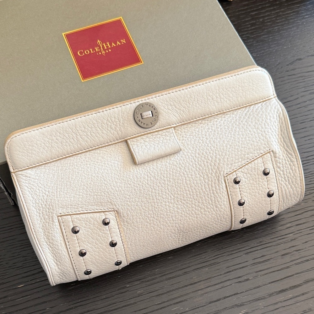 Cole Haan Women’s Cream Studded Leather Clutch Magnetic Closure